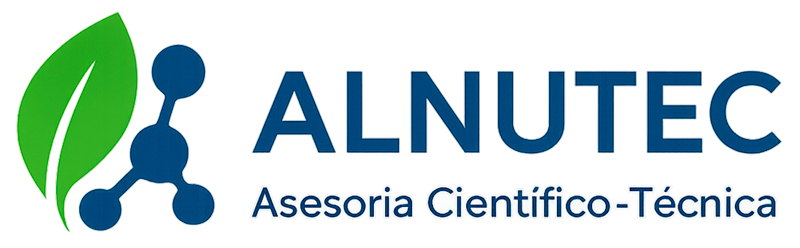 Logotipo Alnutec, letras en color azul, delante una hoja de una planta en color verde y un átomo en color azul.